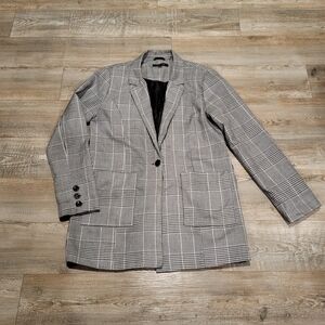 New Look Plaid Suit Jacket Blazer Grey Black Womens Size Medium